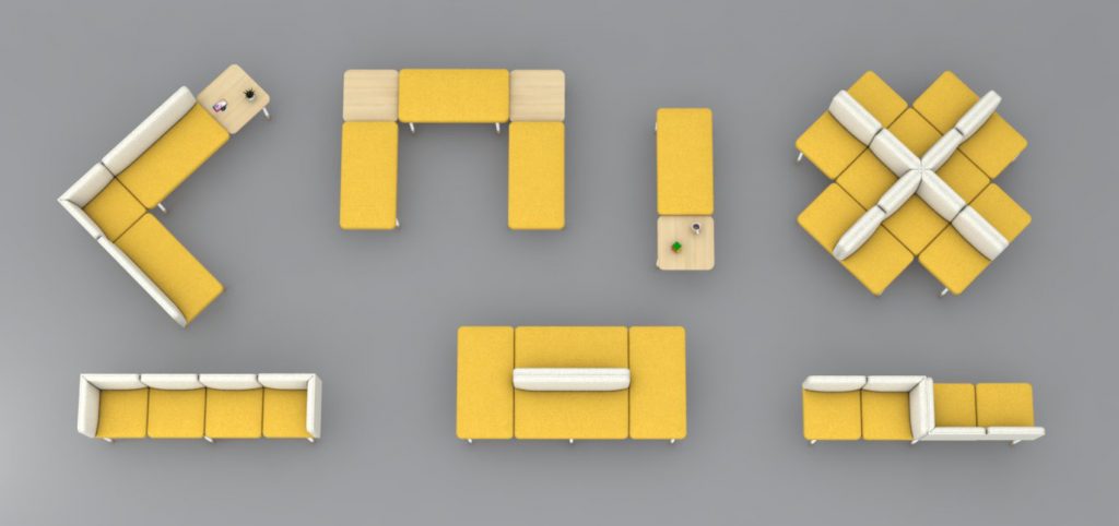 Modular seating which can be configured in many versatile and creative layouts, yellow and grey fabric