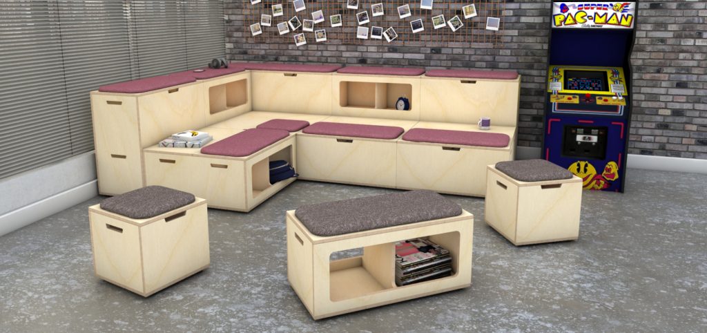 Office breakout space, with wooden plywood tiered auditorium storage benches, with upholstered seat pads in purple fabric