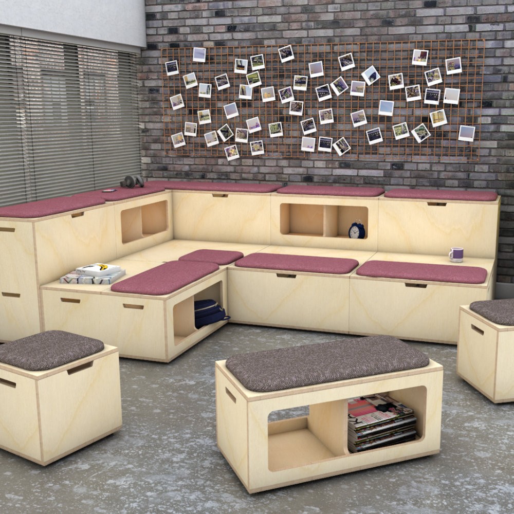 Office breakout space, with wooden plywood tiered auditorium storage benches, with upholstered seat pads in purple fabric