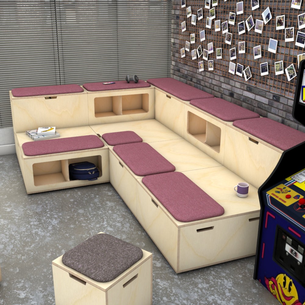 Office breakout space, with wooden plywood tiered auditorium storage benches, with upholstered seat pads in purple fabric