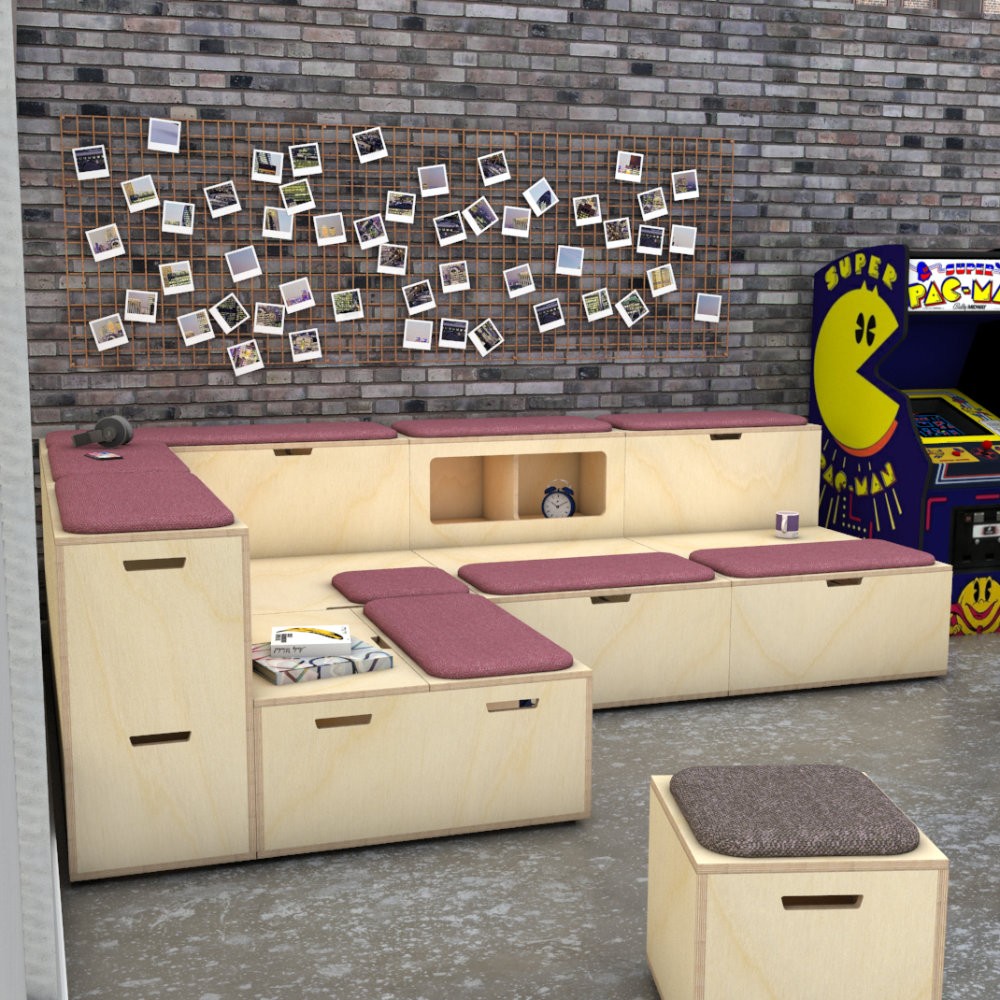 Office breakout space, with wooden plywood tiered auditorium storage benches, with upholstered seat pads in purple fabric