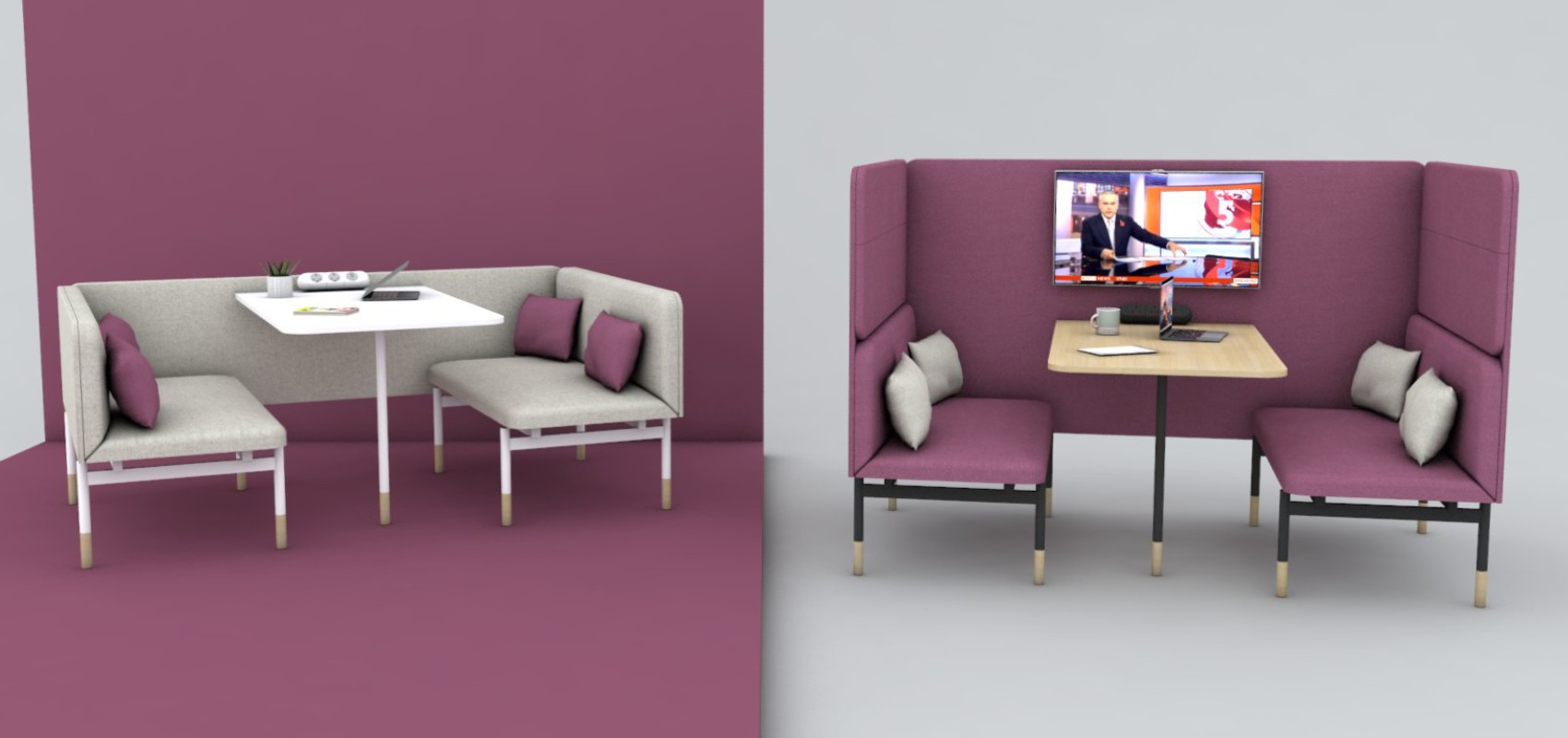 High-back and low-back meeting booths, upholstered in purple and grey fabric, with TV screen, for offices, schools, colleges, universities