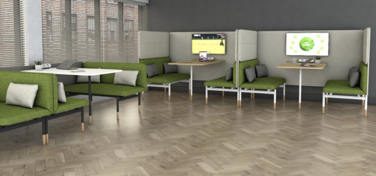 High-back and low-back meeting booths, upholstered in green and grey fabric, with TV screen, for offices, schools, colleges, universities