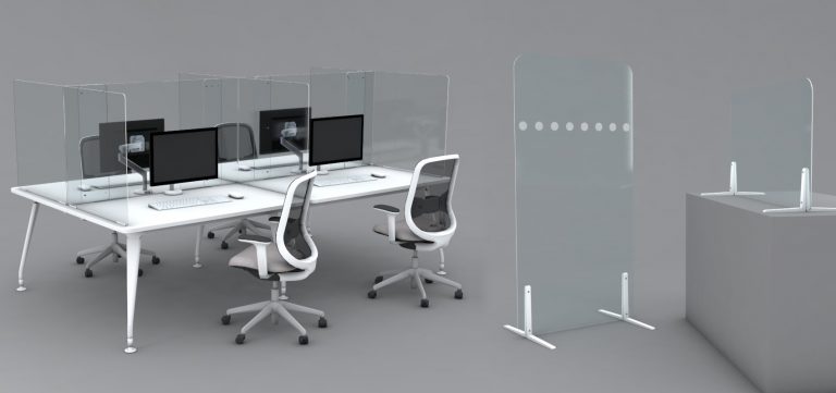Office desks with acrylic protective sneeze guard screens