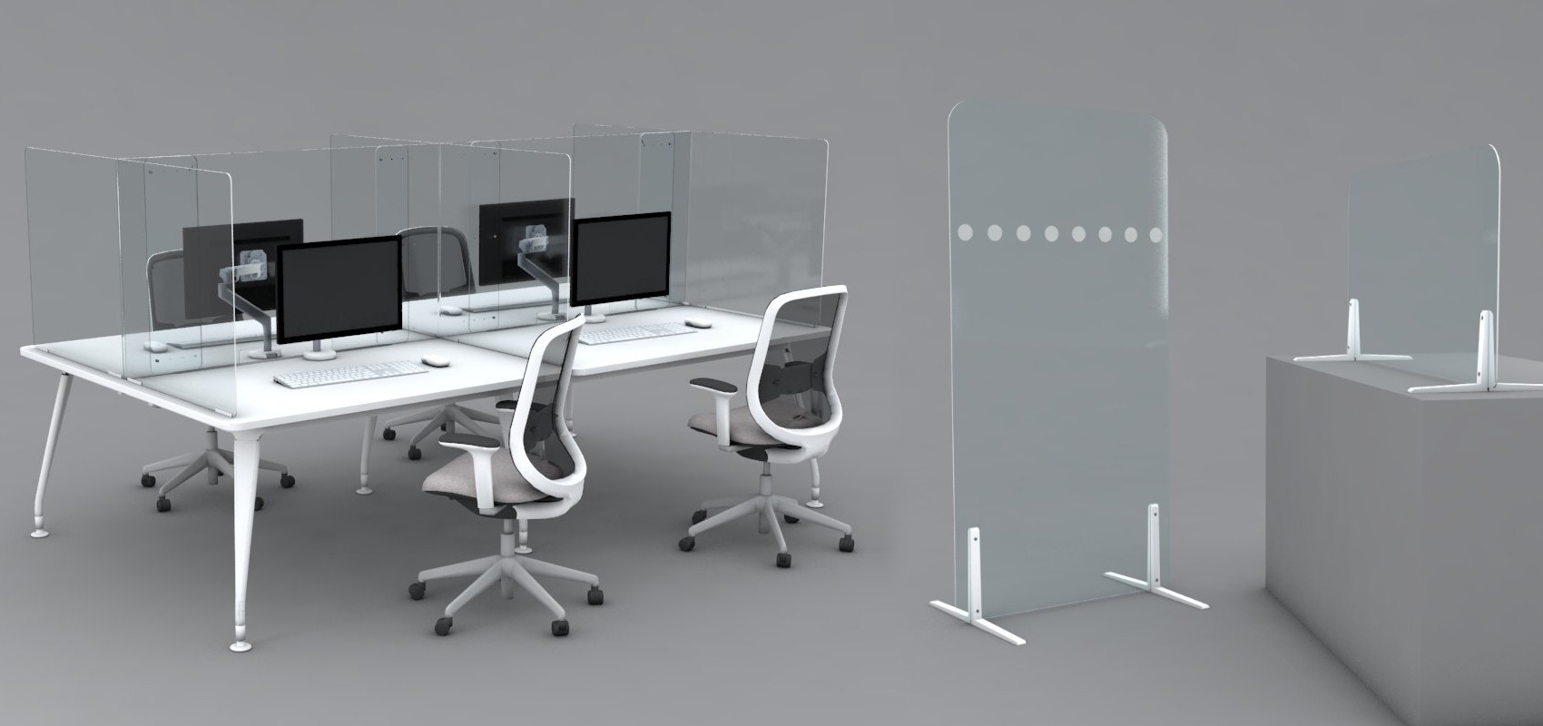 Office desks with acrylic protective sneeze guard screens