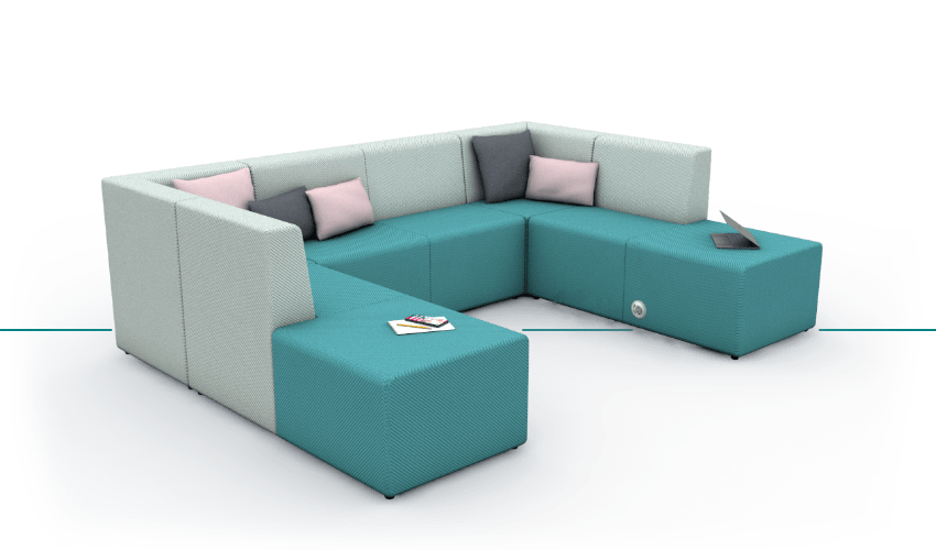 U-Shaped horseshoe sofa, upholstered in green and grey fabric, for offices, schools, colleges, universities