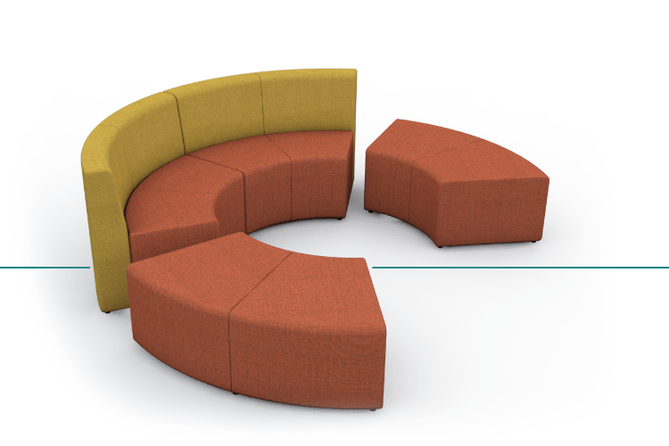 Circular modular sofa, upholstered in red and yellow fabric, for offices, schools, colleges, universities